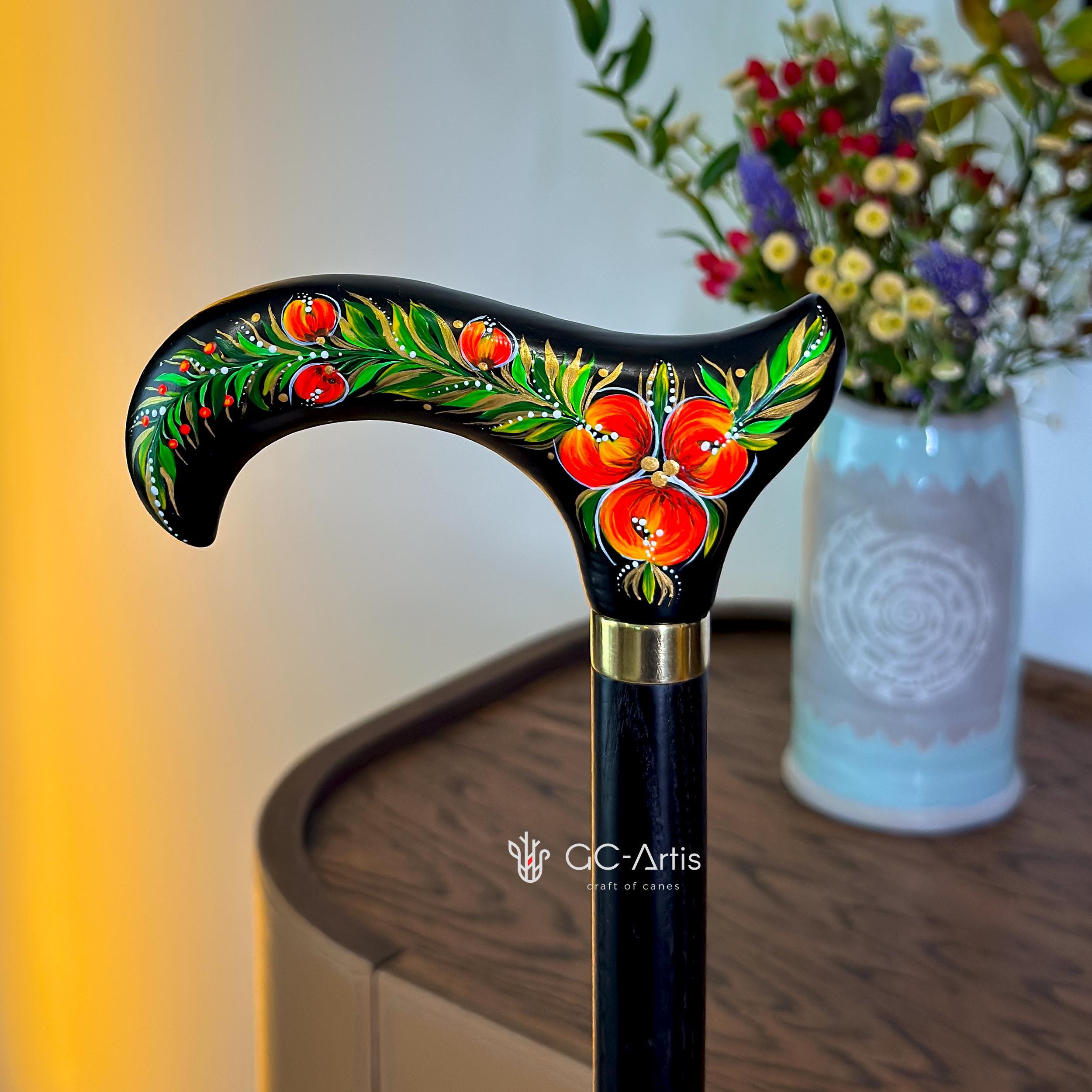 Hand Painted Stylish Walking Stick Cane with Peony Flowers - Spiral Muse Black & Red, gift for ladies
