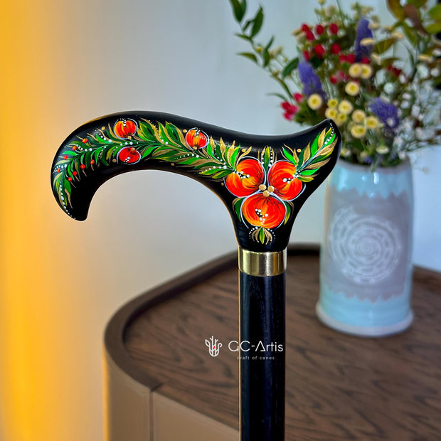 Hand Painted Stylish Walking Stick Cane with Peony Flowers - Spiral Muse Black & Red, gift for ladies