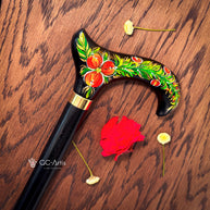Hand Painted Stylish Walking Stick Cane with Peony Flowers - Spiral Muse Black & Red, gift for ladies
