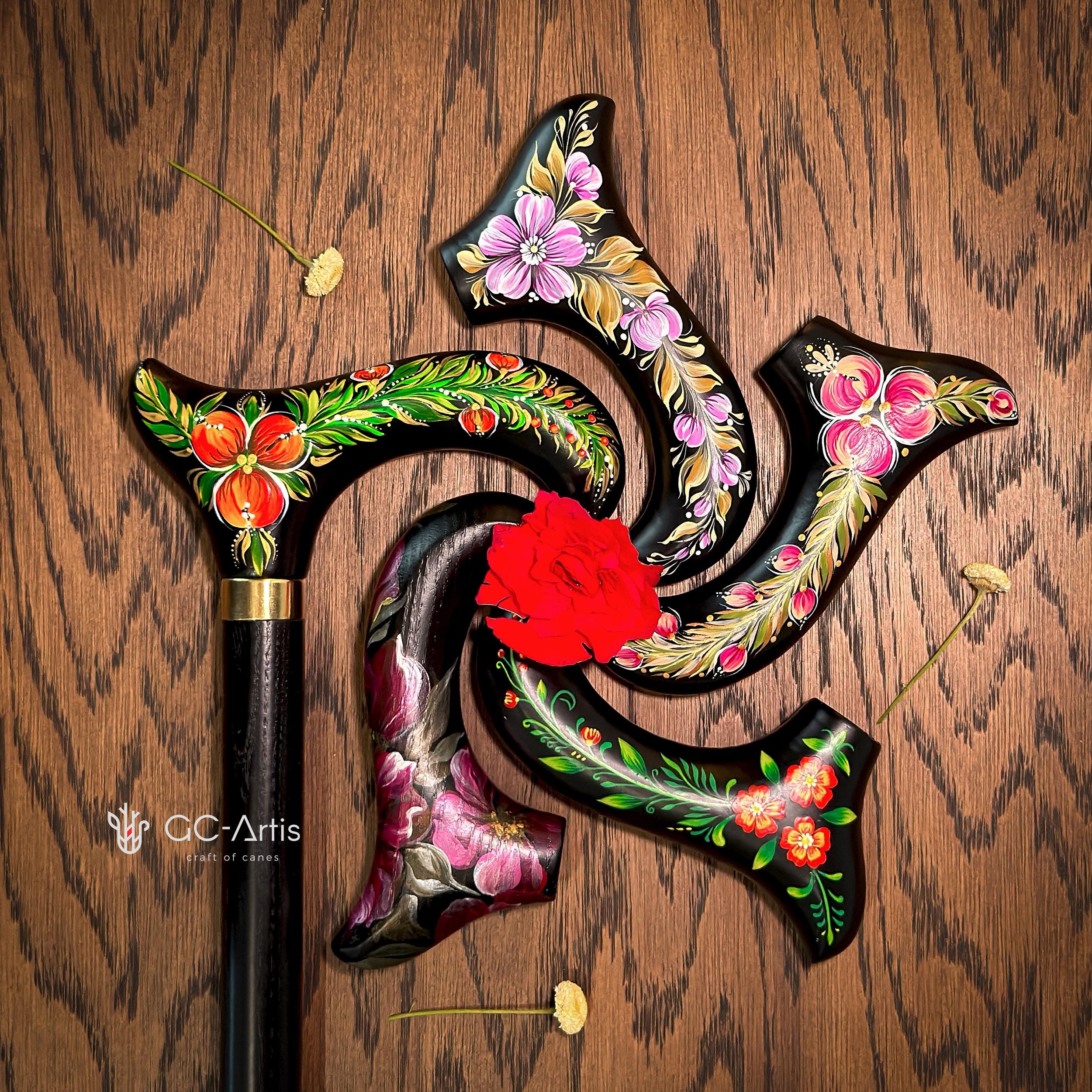 Hand Painted Stylish Walking Stick Cane with Peony Flowers - Spiral Muse Black & Red, gift for ladies