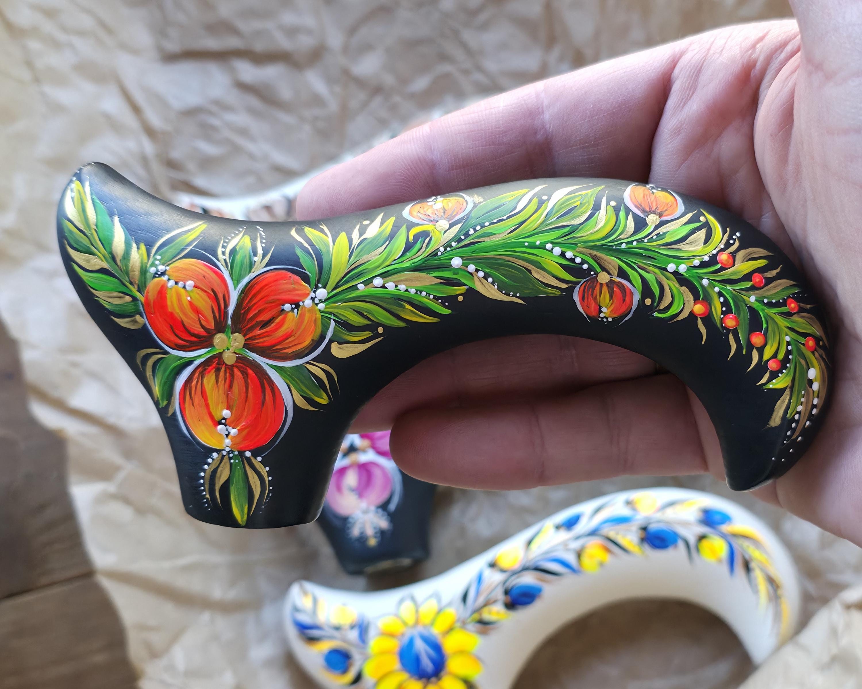 Hand Painted Stylish Walking Stick Cane with Peony Flowers - Spiral Muse Black & Red, gift for ladies