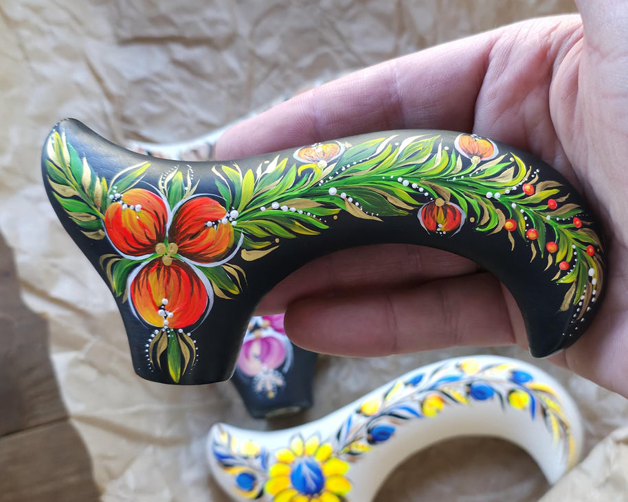 Hand Painted Stylish Walking Stick Cane with Peony Flowers - Spiral Muse Black & Red, gift for ladies