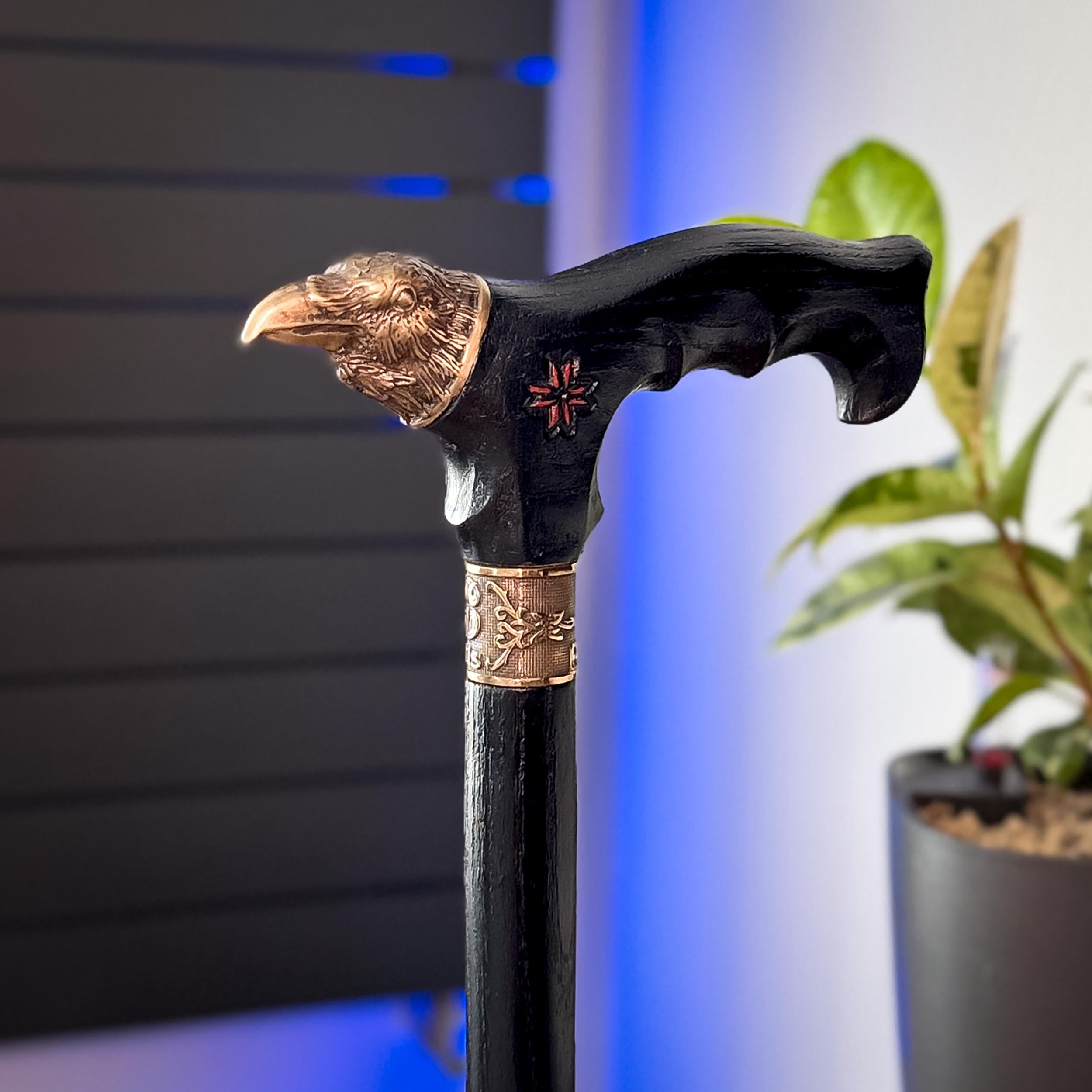 Bronze Raven Head Walking Cane - Goth Style Black Wood Walking Stick with brass decoration