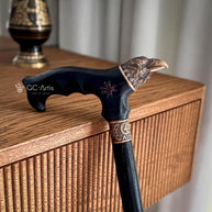 Bronze Raven Head Walking Cane - Goth Style Black Wood Walking Stick with brass decoration