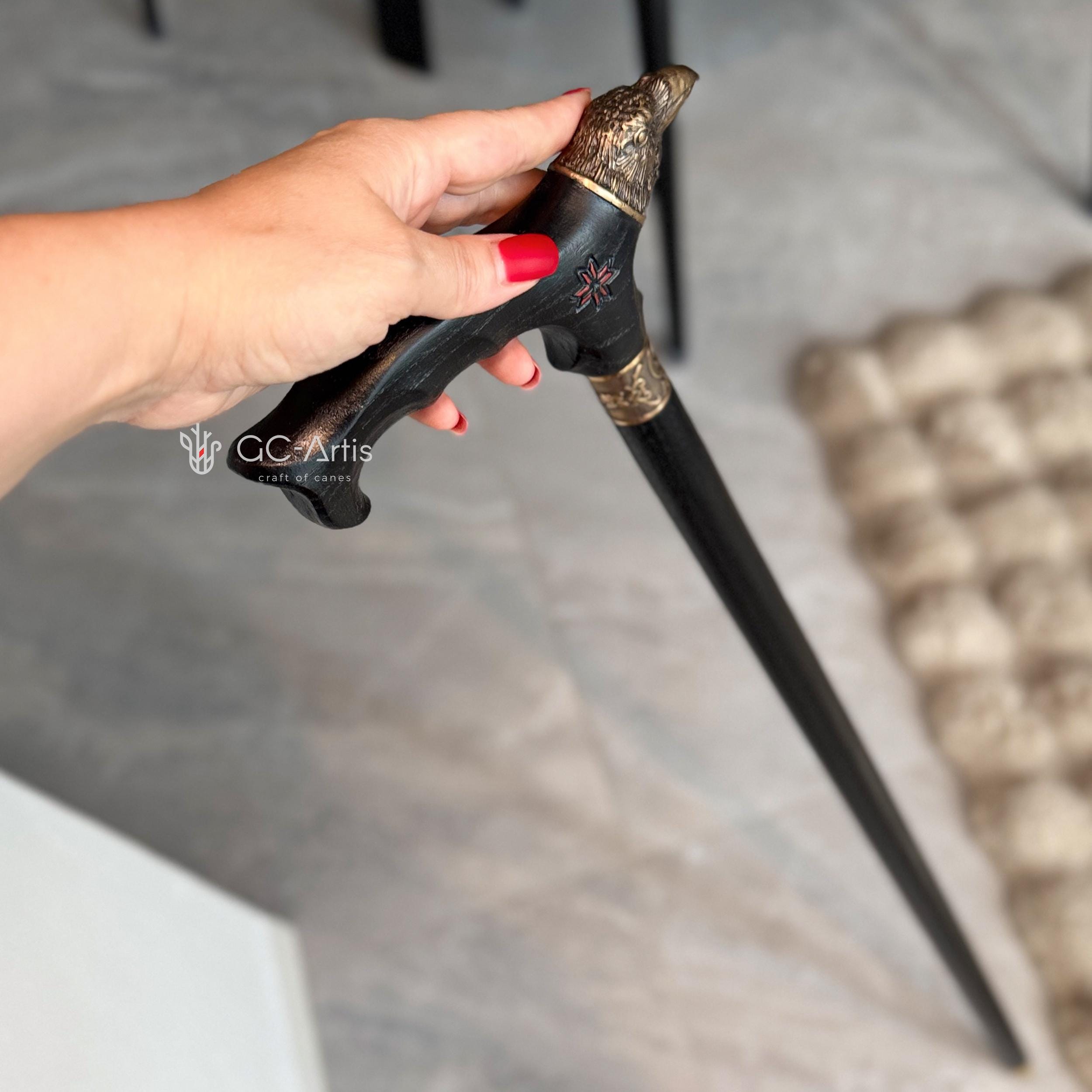 Bronze Raven Head Walking Cane - Goth Style Black Wood Walking Stick with brass decoration