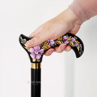 Elegant Hand-painted Walking Stick Cane with Malva Flowers - Pink & Gold decoration, black shaft, derby handle