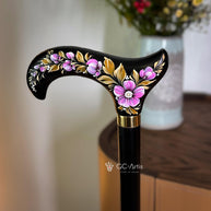 Elegant Hand-painted Walking Stick Cane with Malva Flowers - Pink & Gold decoration, black shaft, derby handle