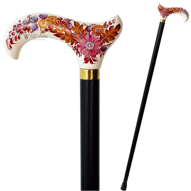 Hand-painted Walking Stick Cane - Chrysanthemum Flowers - Purple & Gold decoration, black shaft, classic Derby Handle