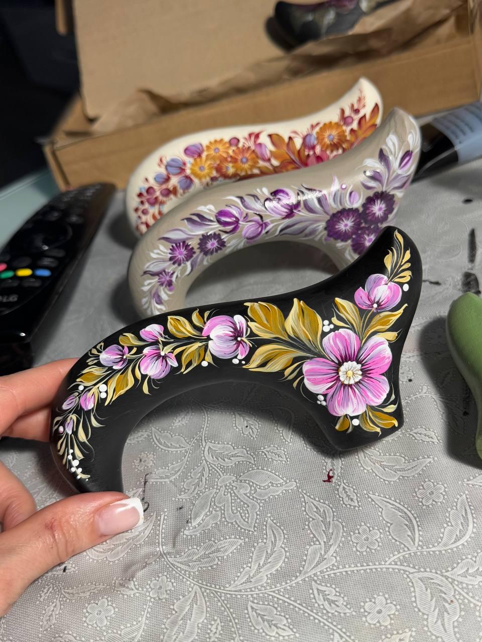 Elegant Hand-painted Walking Stick Cane with Malva Flowers - Pink & Gold decoration, black shaft, derby handle