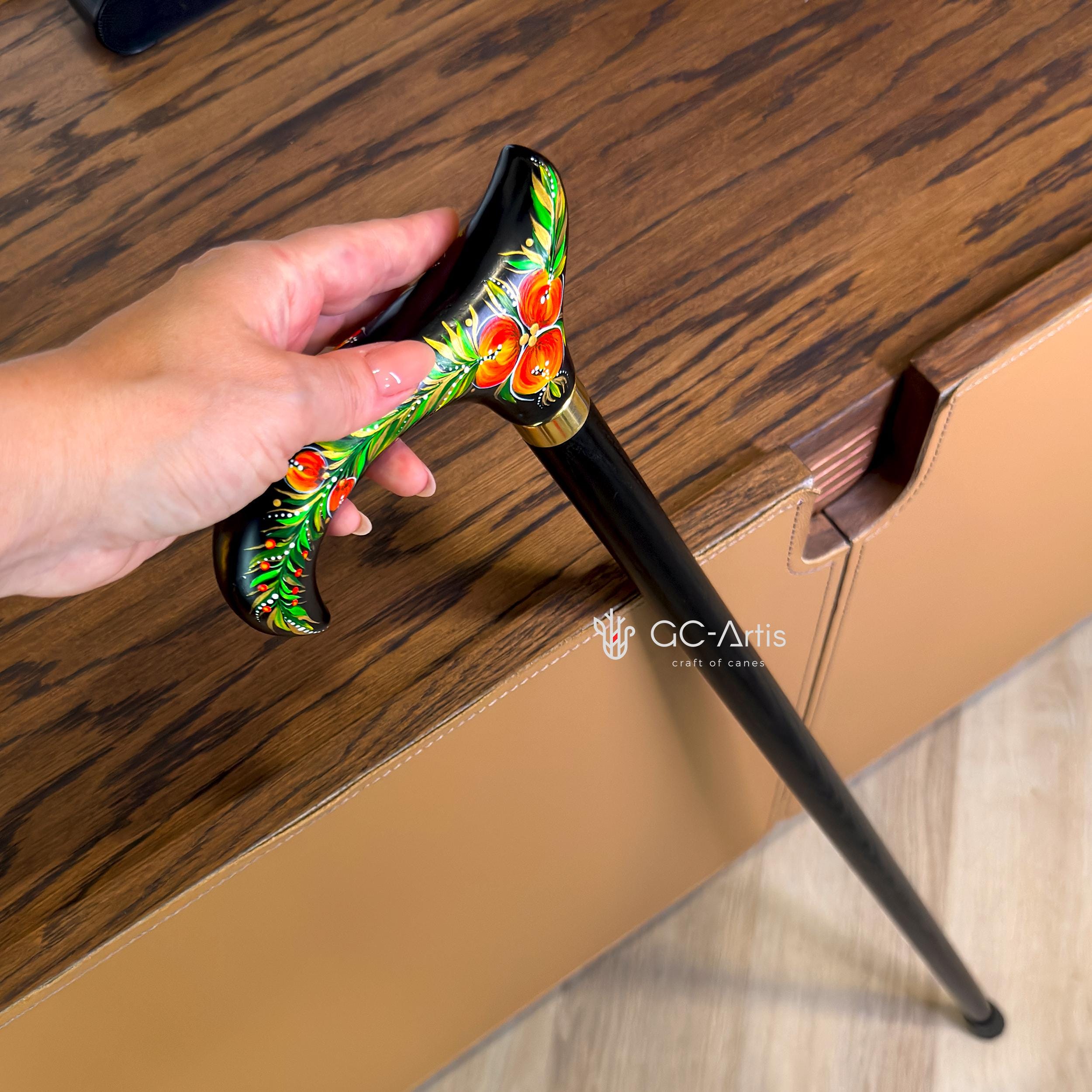 Hand Painted Stylish Walking Stick Cane with Peony Flowers - Spiral Muse Black & Red, gift for ladies