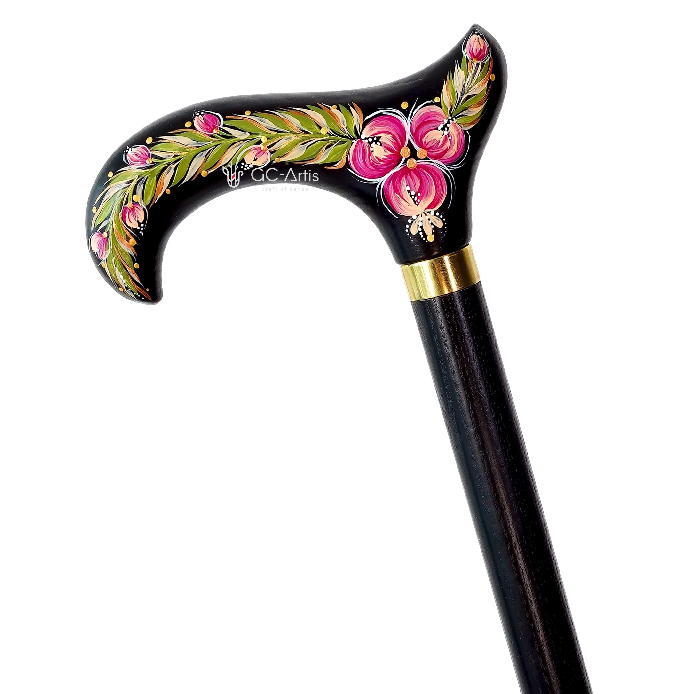 Hand Painted Stylish Walking Stick with Peony Flowers - Spiral Muse Black & Purple wooden cane, gift for women