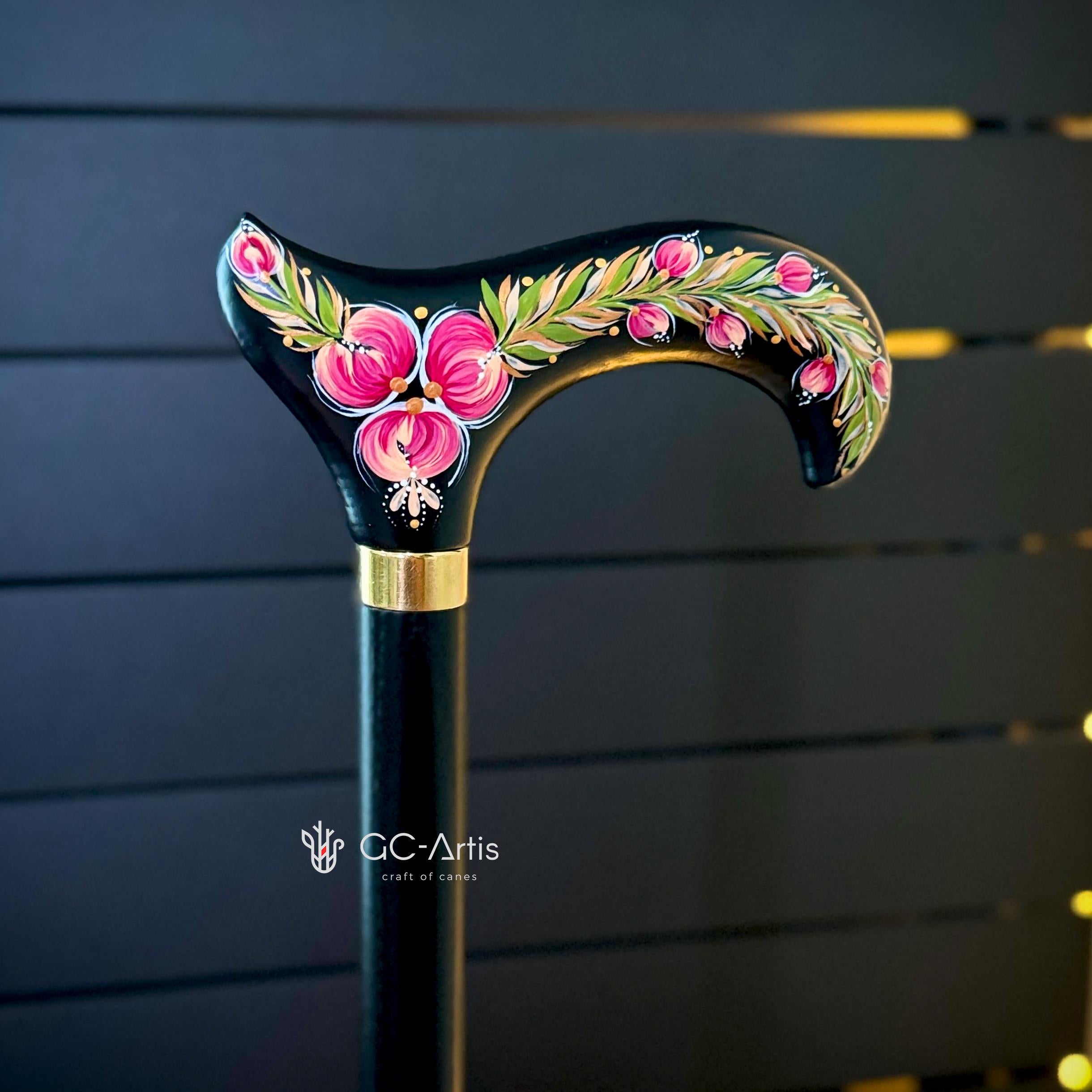 Hand Painted Stylish Walking Stick with Peony Flowers - Spiral Muse Black & Purple wooden cane, gift for women