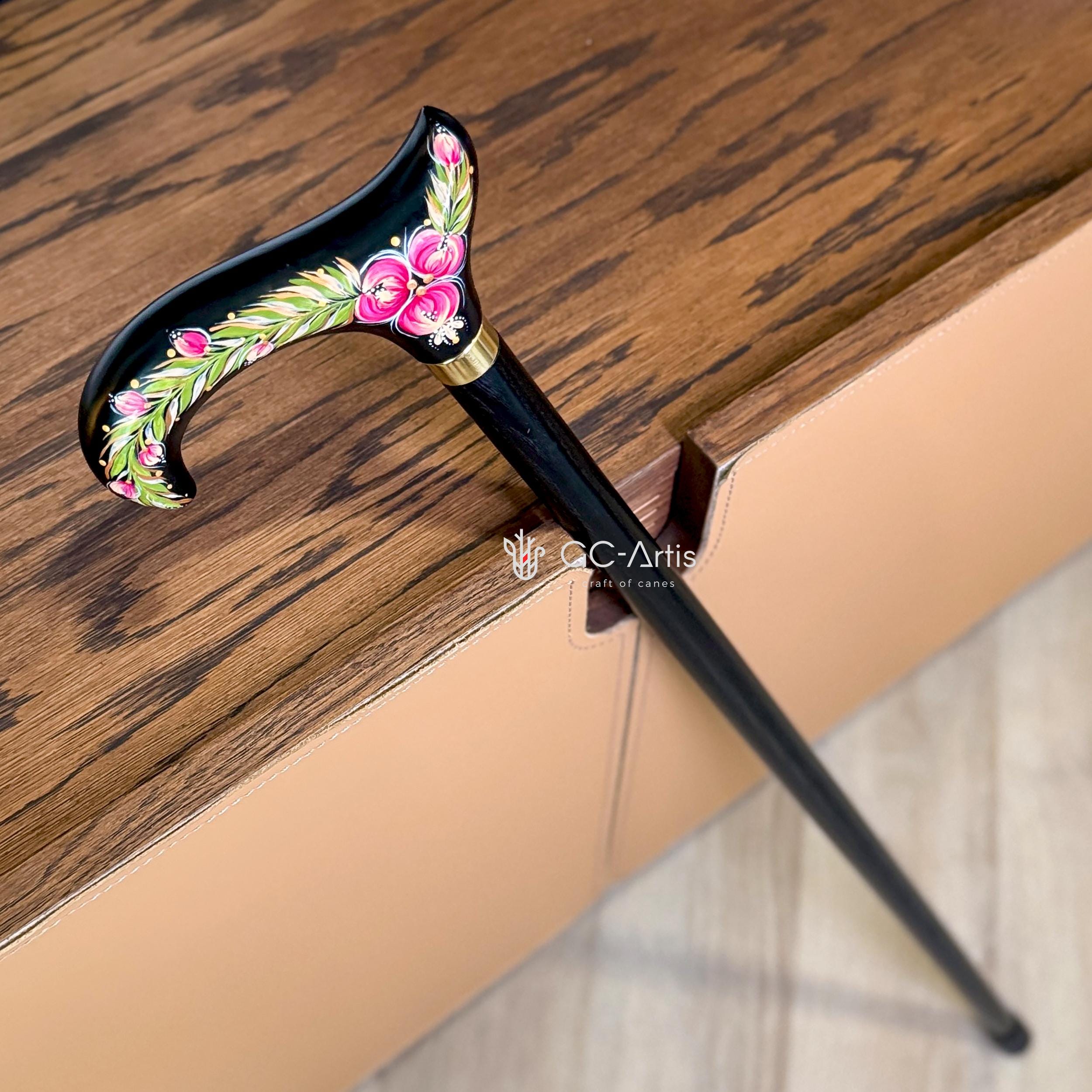 Hand Painted Stylish Walking Stick with Peony Flowers - Spiral Muse Black & Purple wooden cane, gift for women