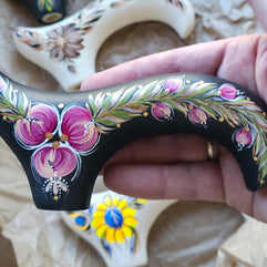 Hand Painted Stylish Walking Stick with Peony Flowers - Spiral Muse Black & Purple wooden cane, gift for women