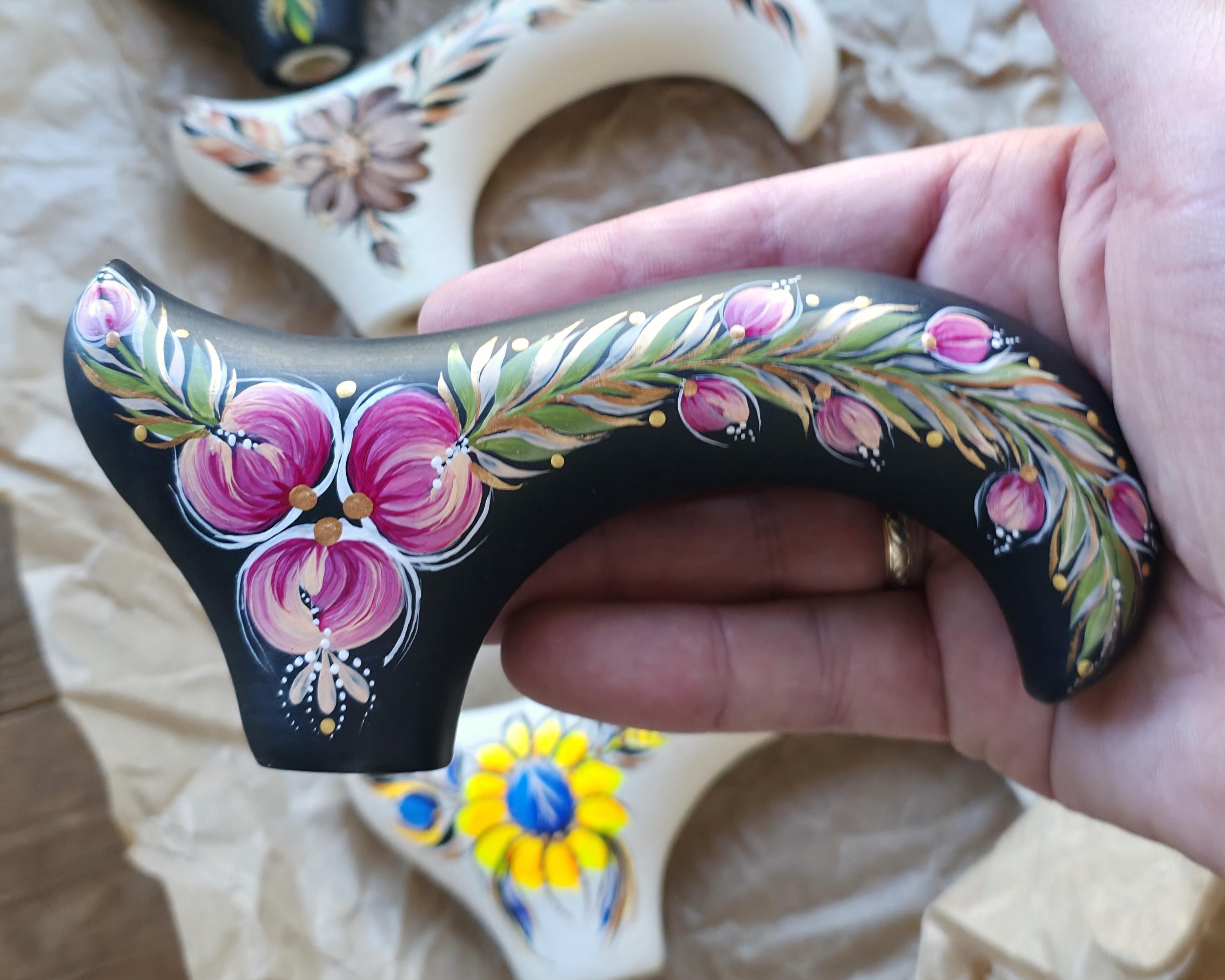 Hand Painted Stylish Walking Stick with Peony Flowers - Spiral Muse Black & Purple wooden cane, gift for women