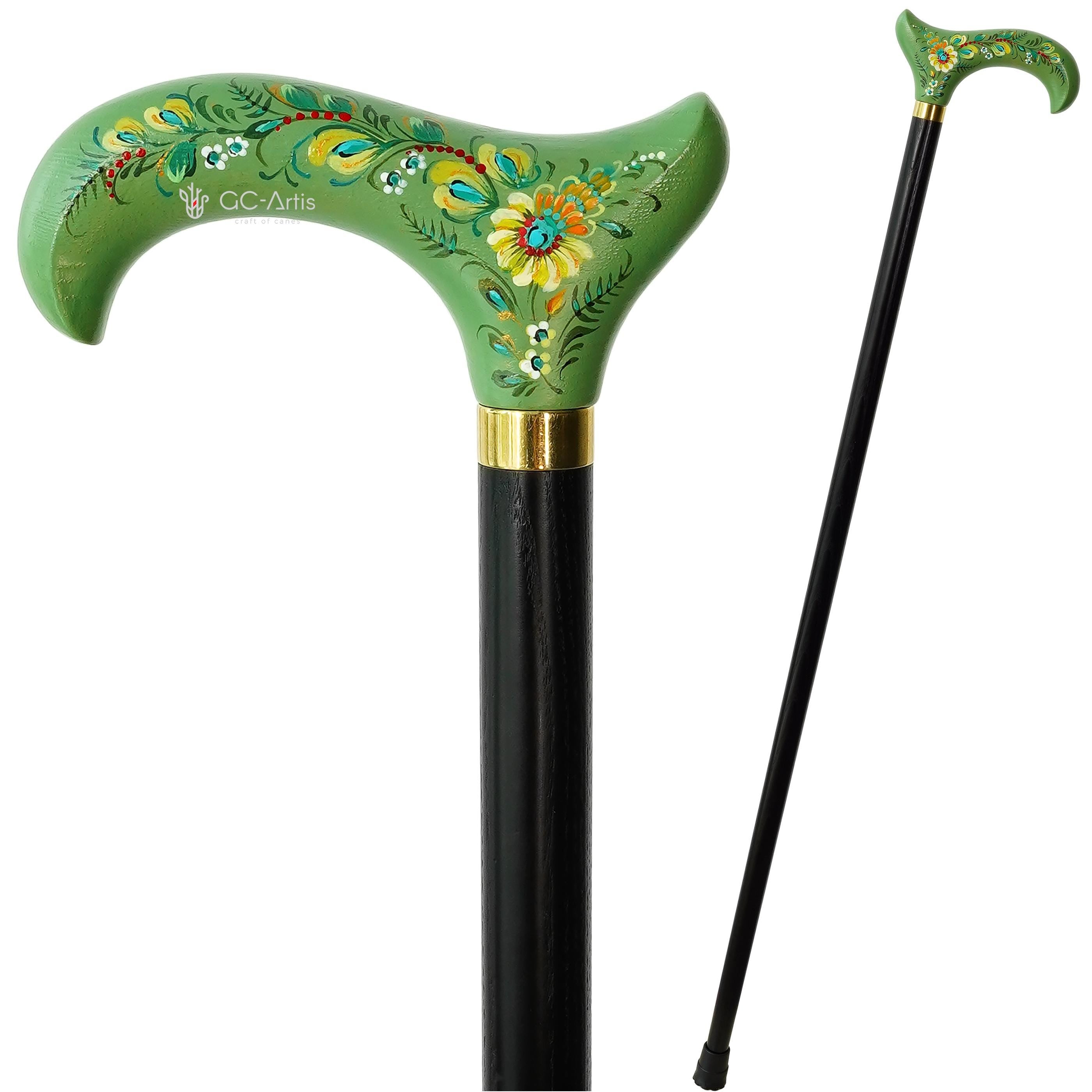 Classic Hand-painted walking stick - Green Serenade - wooden Flowered cane for women Ladies with comfortable light green derby handle
