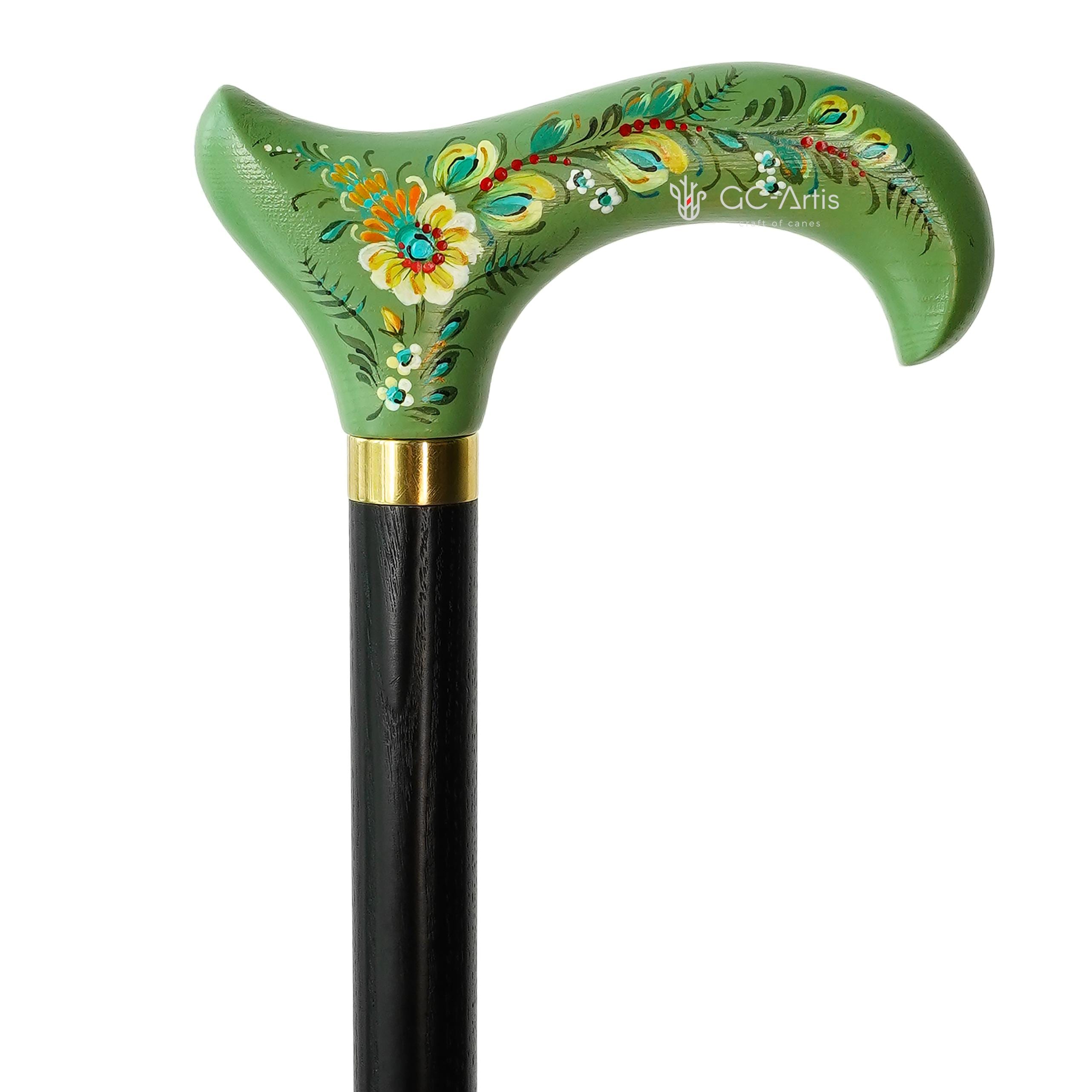 Classic Hand-painted walking stick - Green Serenade - wooden Flowered cane for women Ladies with comfortable light green derby handle