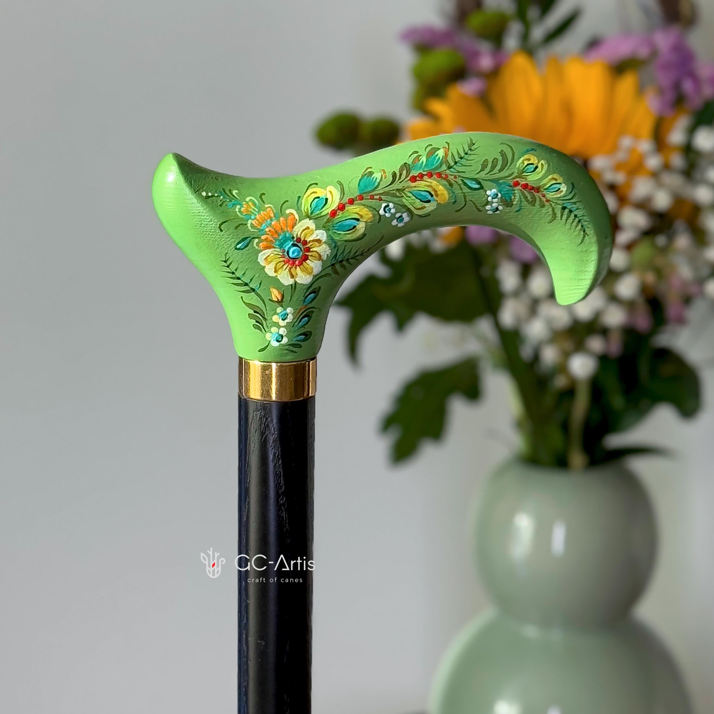 Classic Hand-painted walking stick - Green Serenade - wooden Flowered cane for women Ladies with comfortable light green derby handle