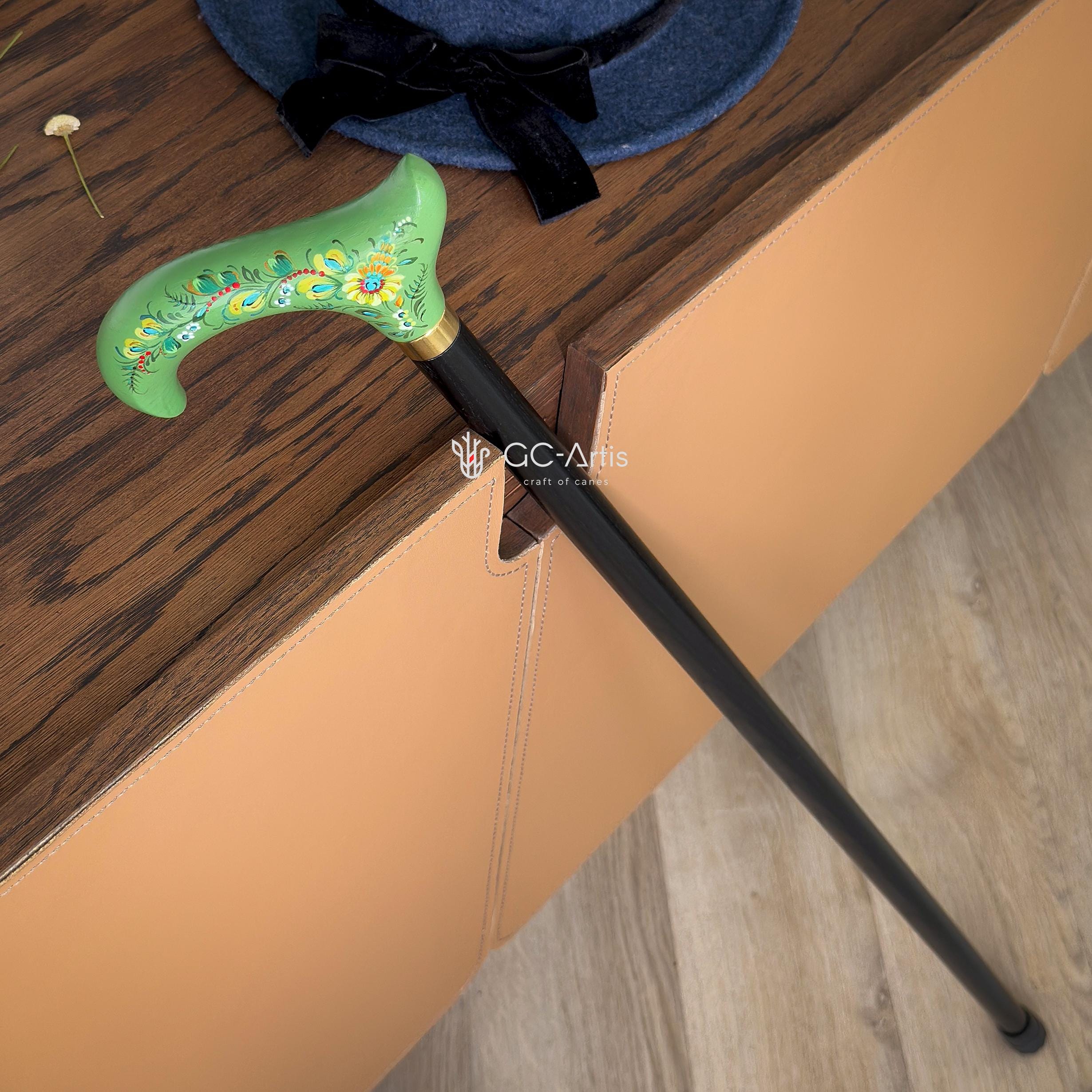 Classic Hand-painted walking stick - Green Serenade - wooden Flowered cane for women Ladies with comfortable light green derby handle