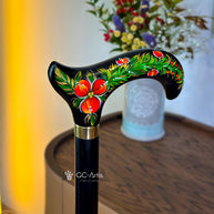 Hand Painted Stylish Walking Stick Cane with Peony Flowers - Spiral Muse Black & Red, gift for ladies