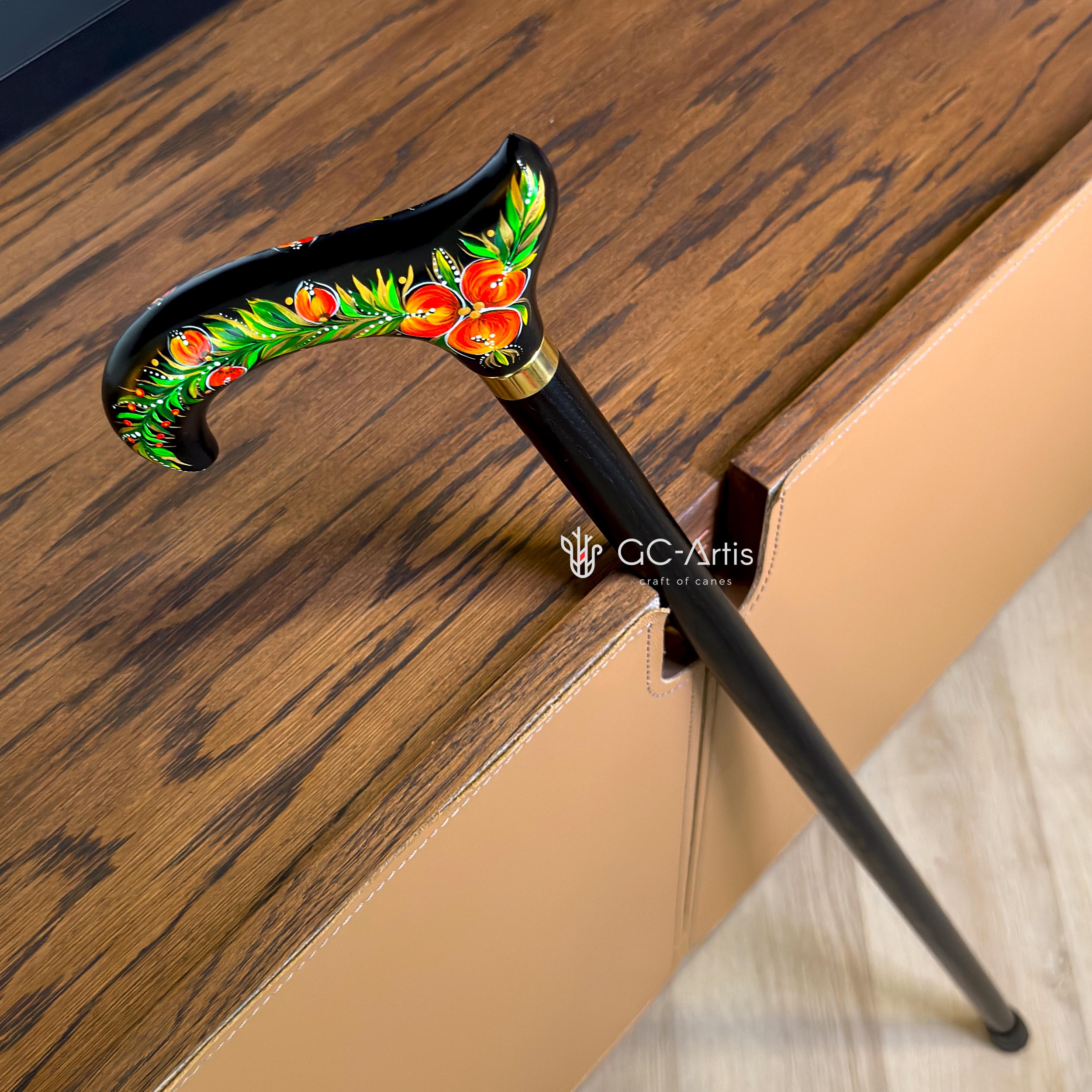 Hand Painted Stylish Walking Stick Cane with Peony Flowers - Spiral Muse Black & Red, gift for ladies