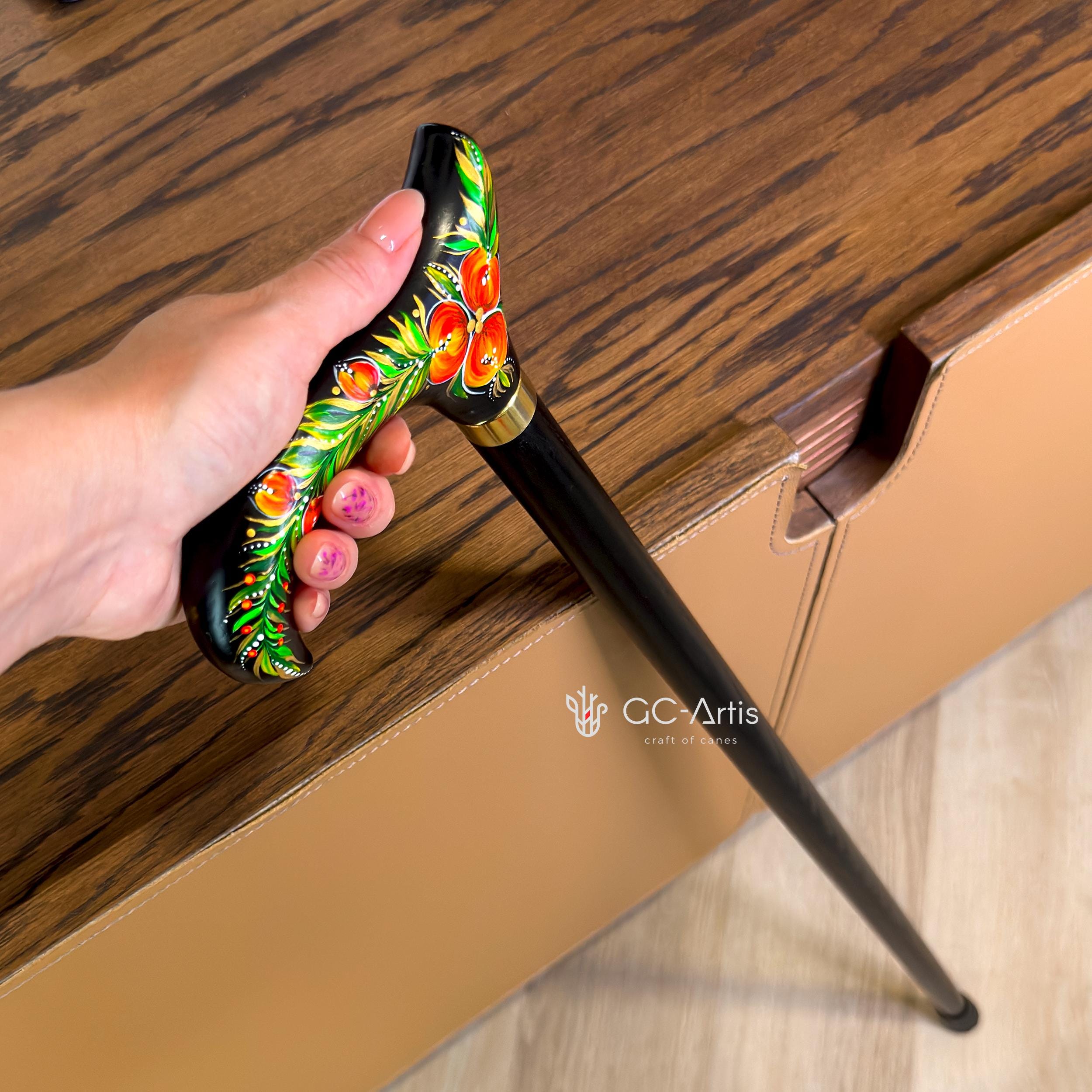 Hand Painted Stylish Walking Stick Cane with Peony Flowers - Spiral Muse Black & Red, gift for ladies