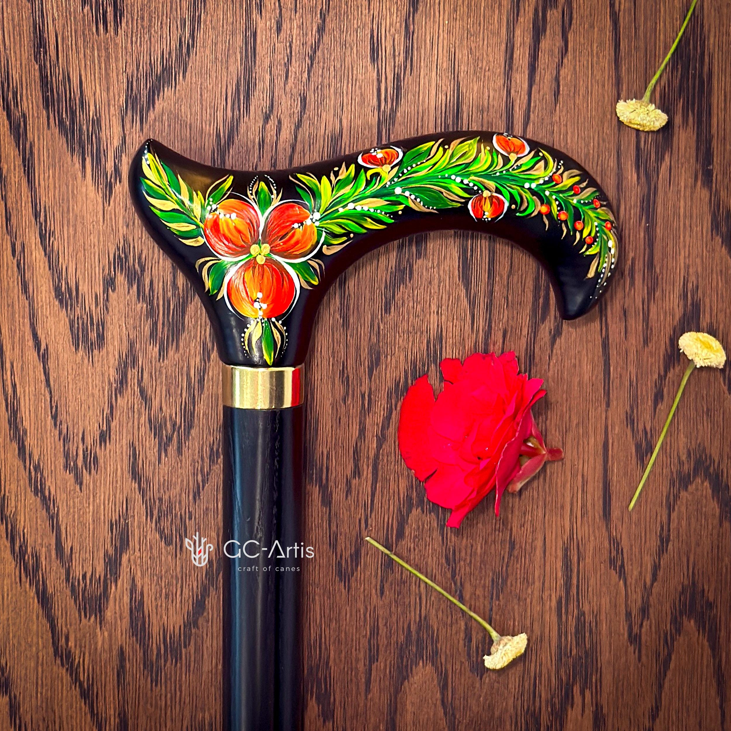 Hand Painted Stylish Walking Stick Cane with Peony Flowers - Spiral Muse Black & Red, gift for ladies