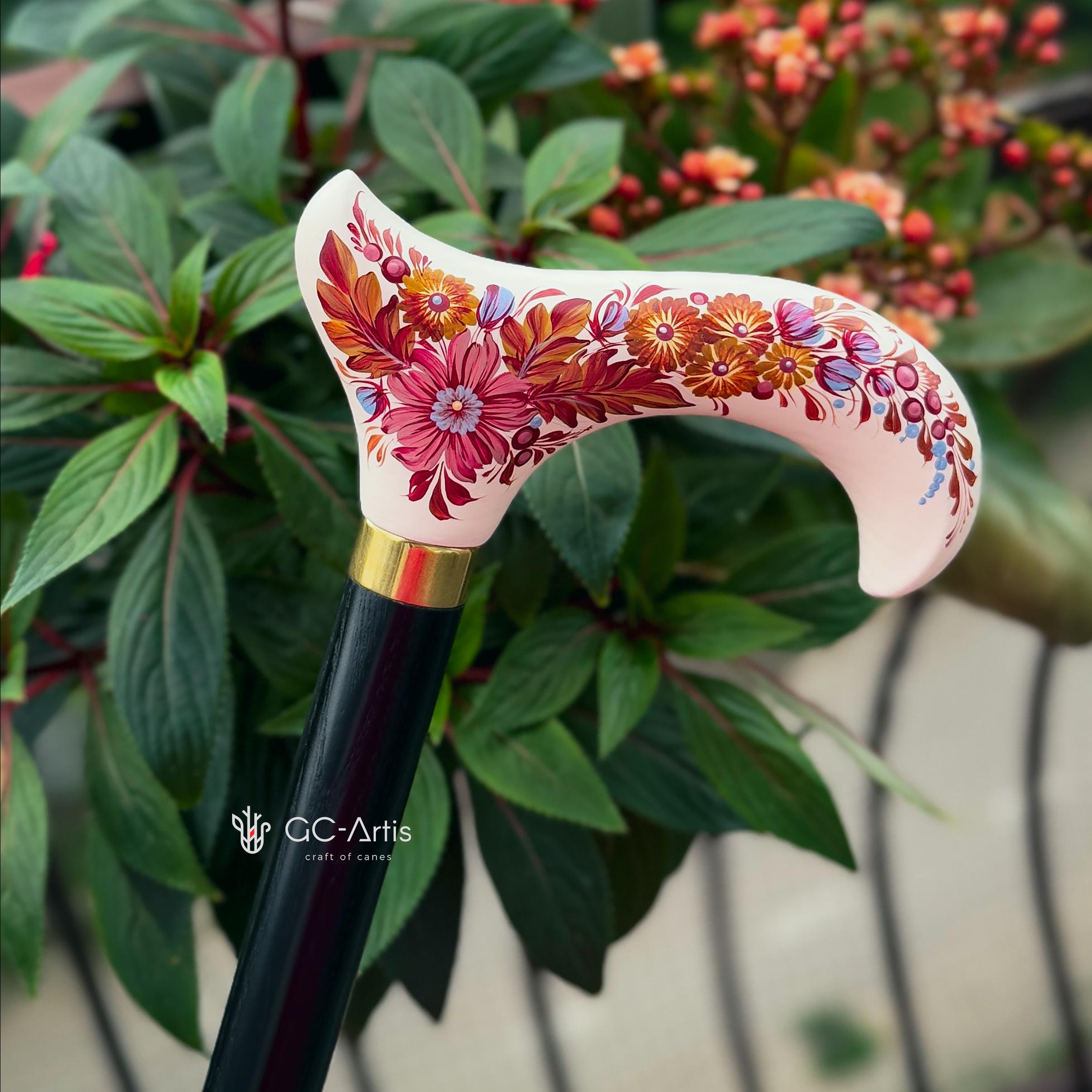 Hand-painted Walking Stick Cane - Chrysanthemum Flowers - Purple & Gold decoration, black shaft, classic Derby Handle