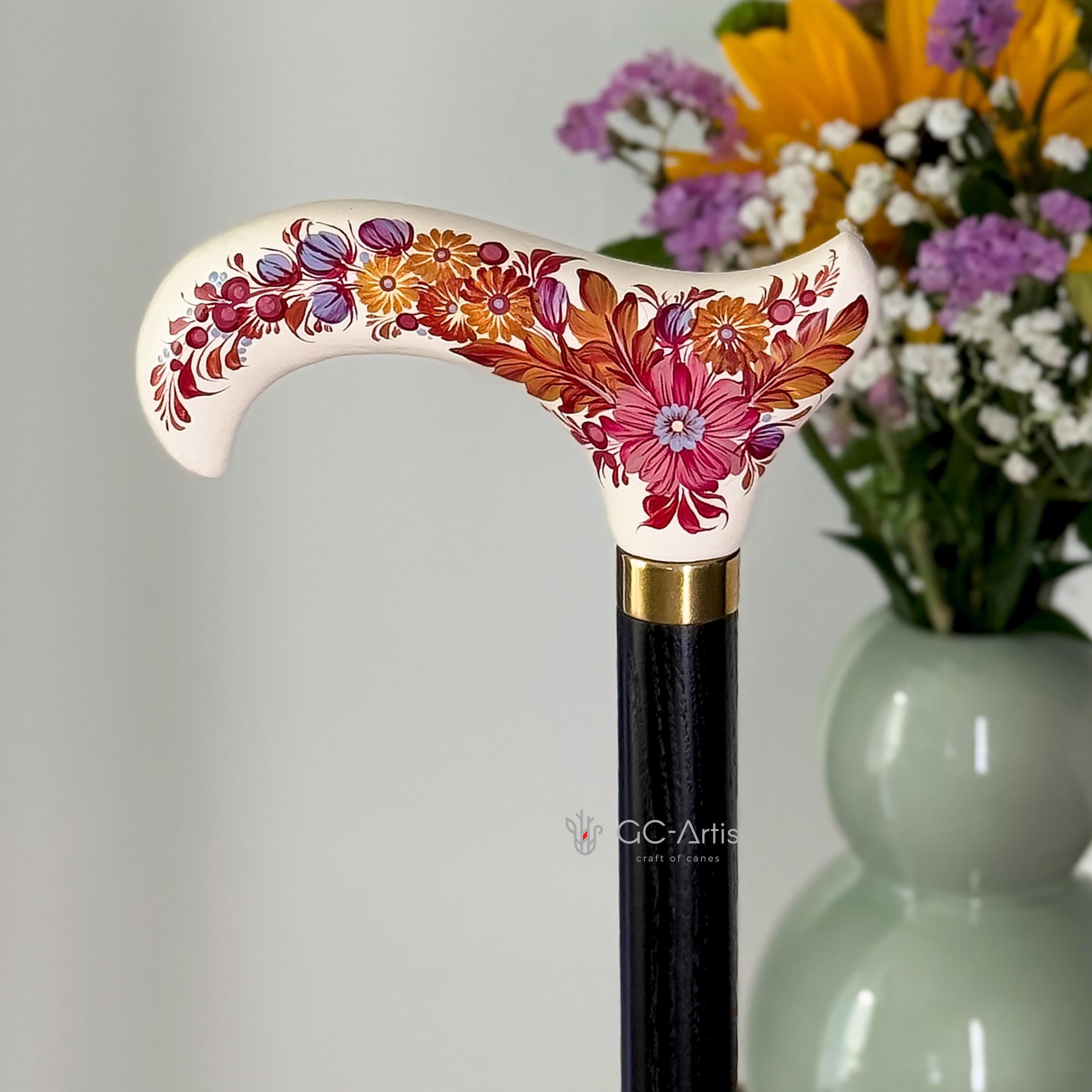 Hand-painted Walking Stick Cane - Chrysanthemum Flowers - Purple & Gold decoration, black shaft, classic Derby Handle