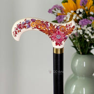 Hand-painted Walking Stick Cane - Chrysanthemum Flowers - Purple & Gold decoration, black shaft, classic Derby Handle