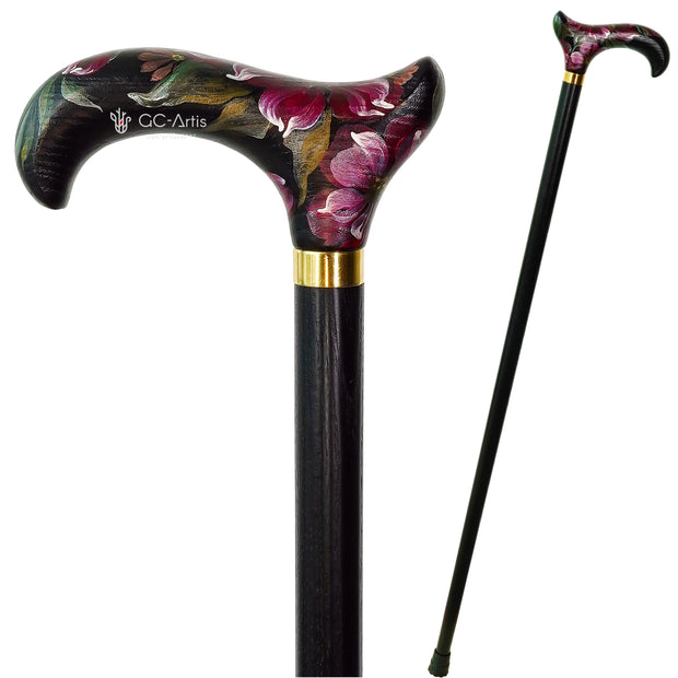 Elegant Hand-painted Walking Stick Cane with Peony Flowers - Pink & Green decoration, black derby handle gift for mom grandma