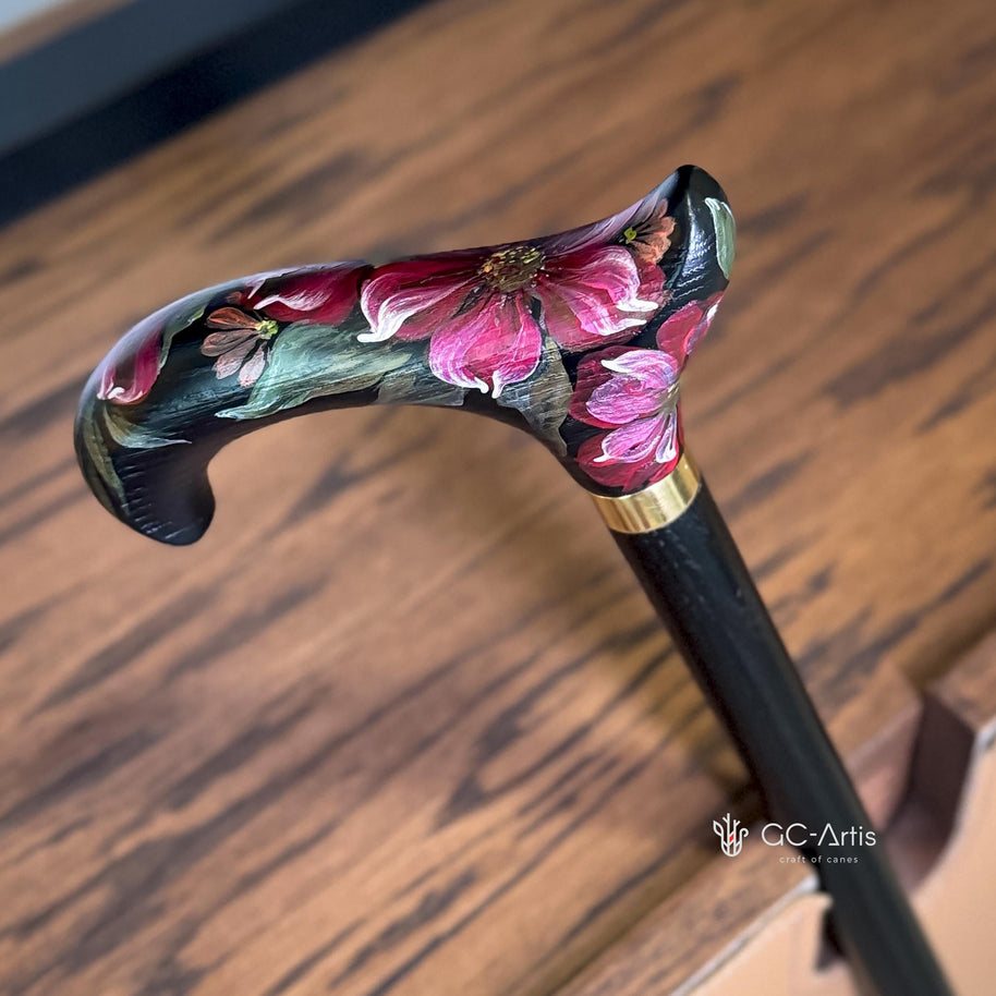 Elegant Hand-painted Walking Stick Cane with Peony Flowers - Pink & Green decoration, black derby handle gift for mom grandma