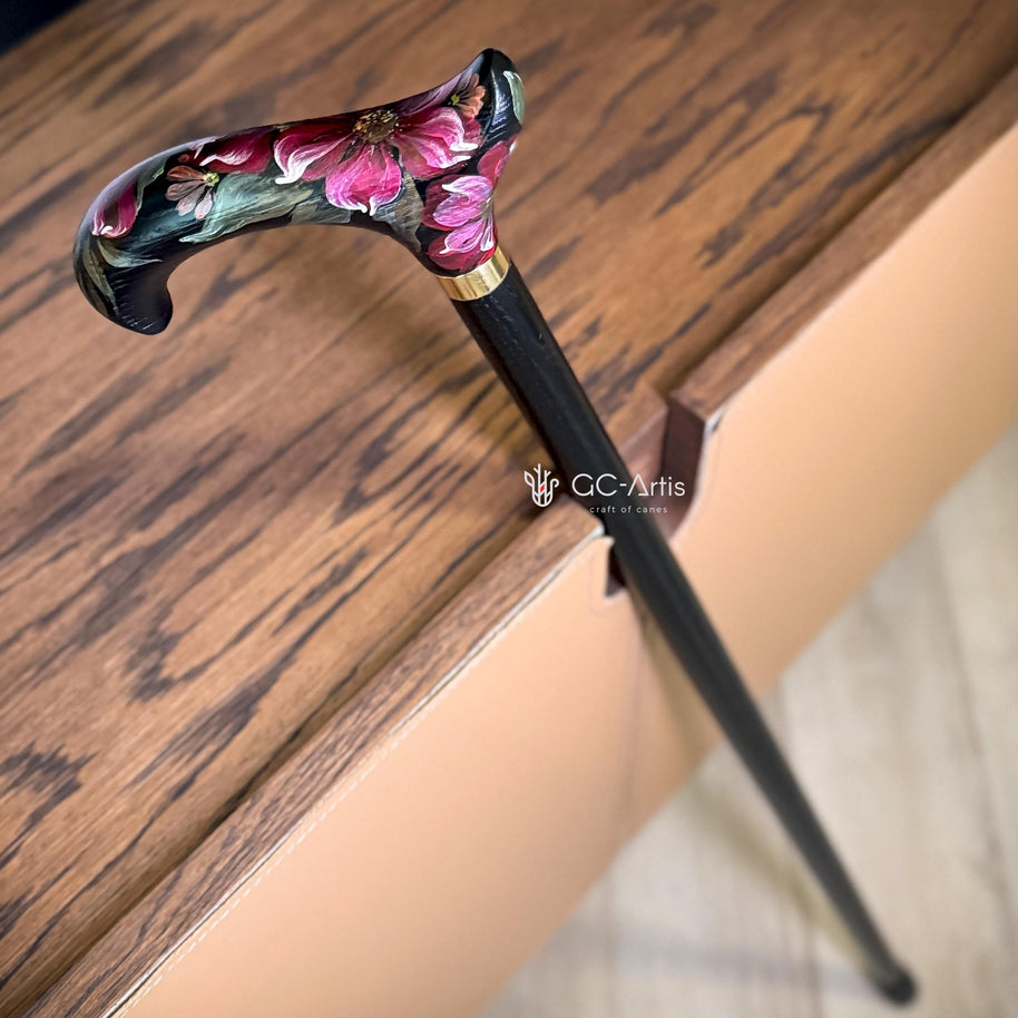 Elegant Hand-painted Walking Stick Cane with Peony Flowers - Pink & Green decoration, black derby handle gift for mom grandma