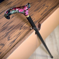Elegant Hand-painted Walking Stick Cane with Peony Flowers - Pink & Green decoration, black derby handle gift for mom grandma