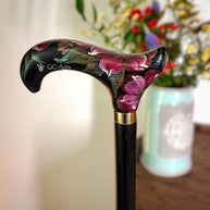 Elegant Hand-painted Walking Stick Cane with Peony Flowers - Pink & Green decoration, black derby handle gift for mom grandma