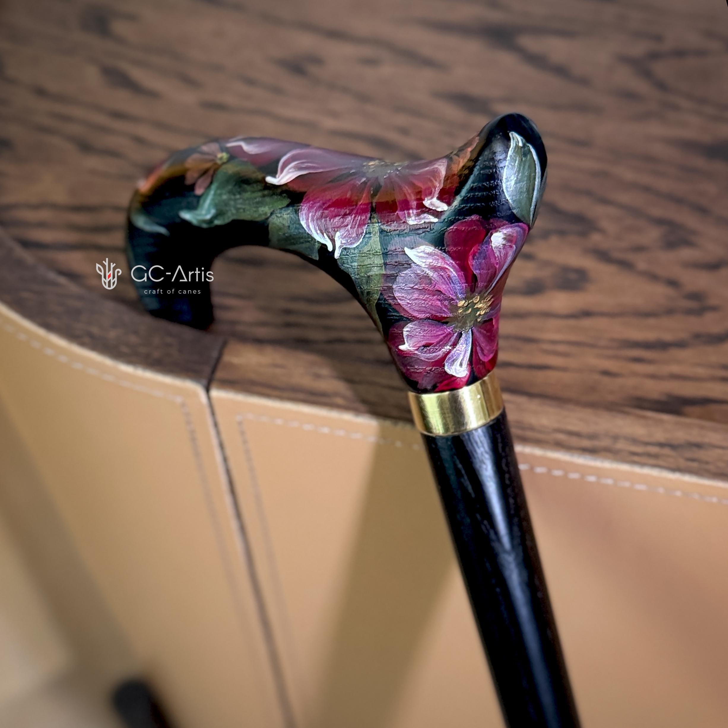 Elegant Hand-painted Walking Stick Cane with Peony Flowers - Pink & Green decoration, black derby handle gift for mom grandma