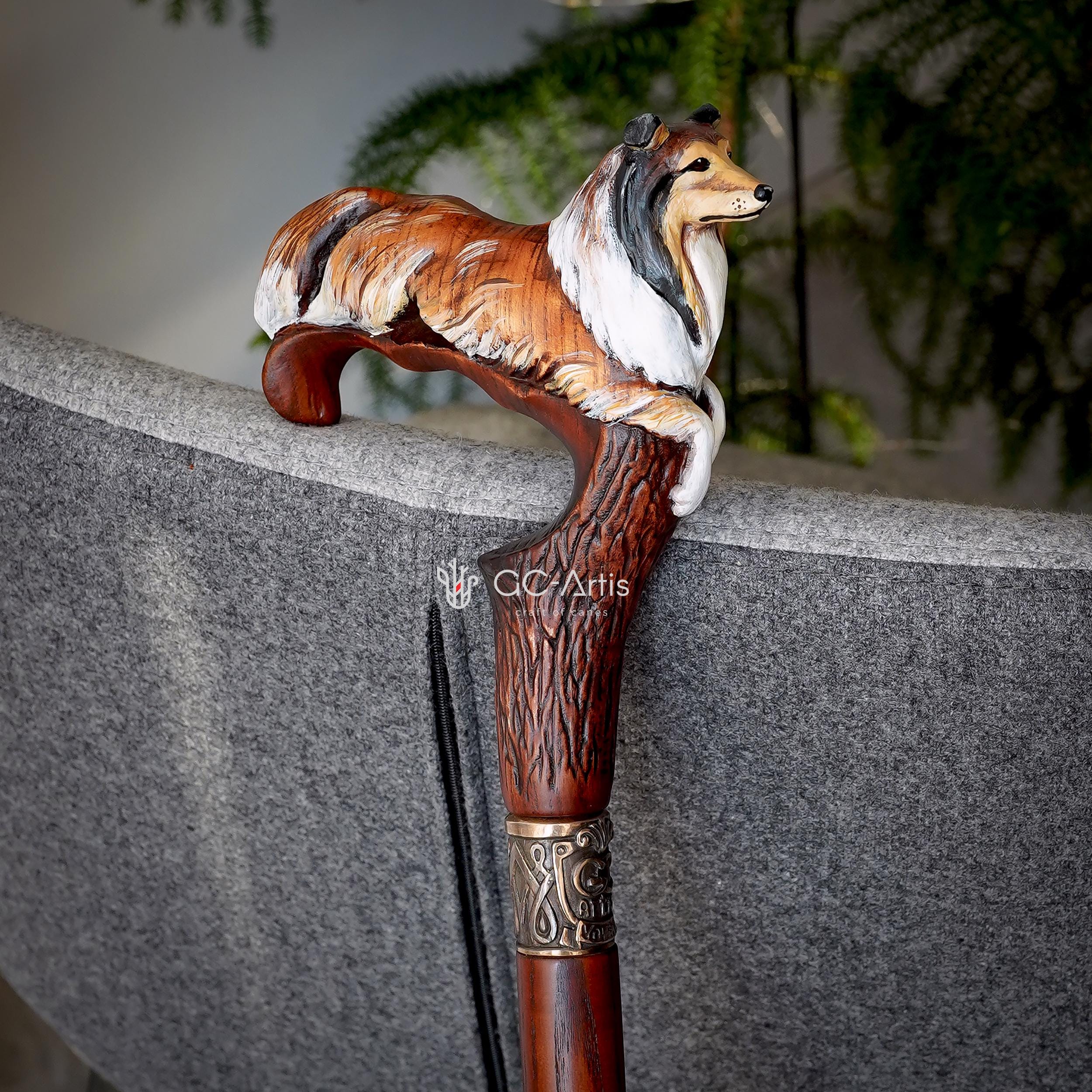 Hand painted Wooden Walking Stick Cane - Collie Dog - carved Sable Scotland shepherd Sheltie