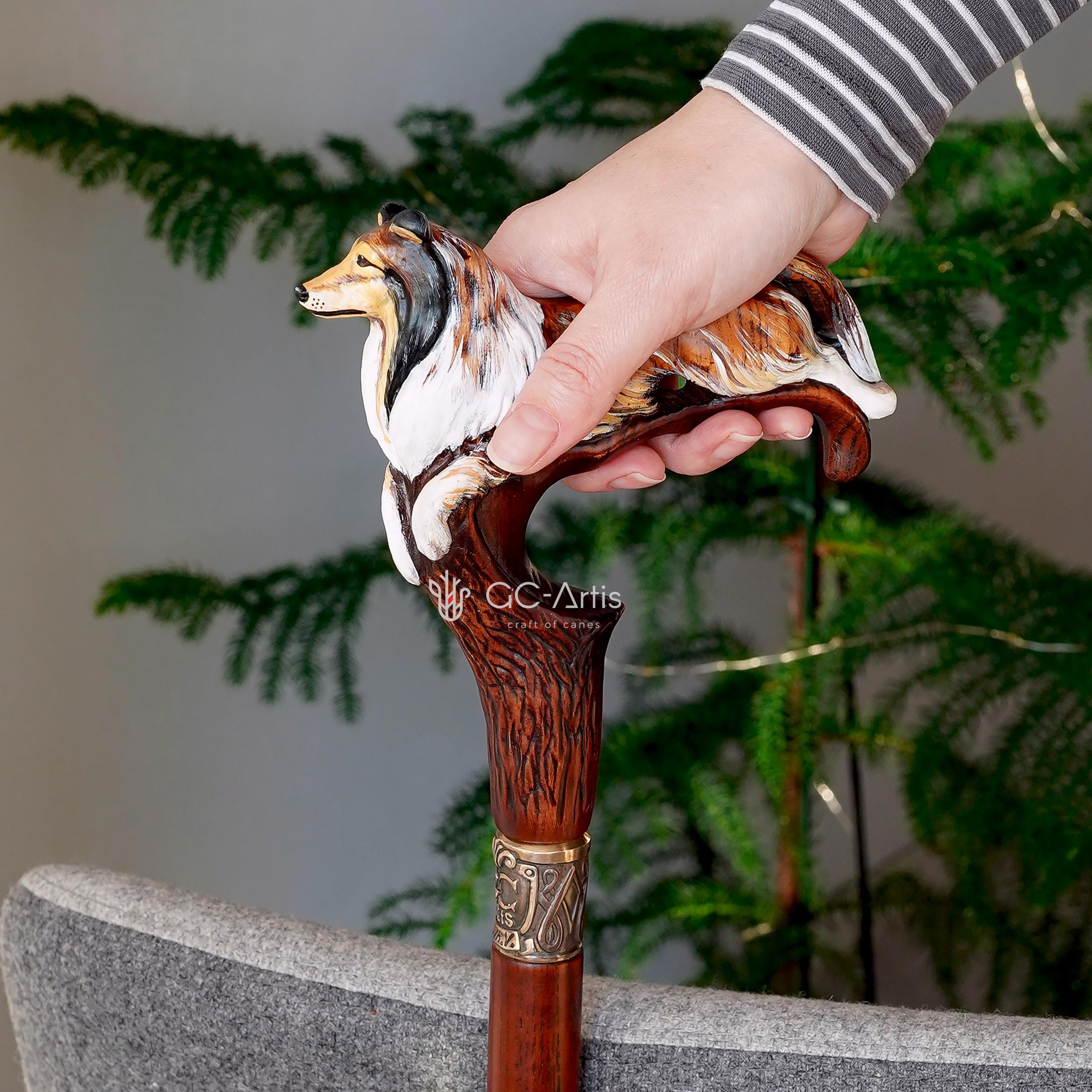 Hand painted Wooden Walking Stick Cane - Collie Dog - carved Sable Scotland shepherd Sheltie