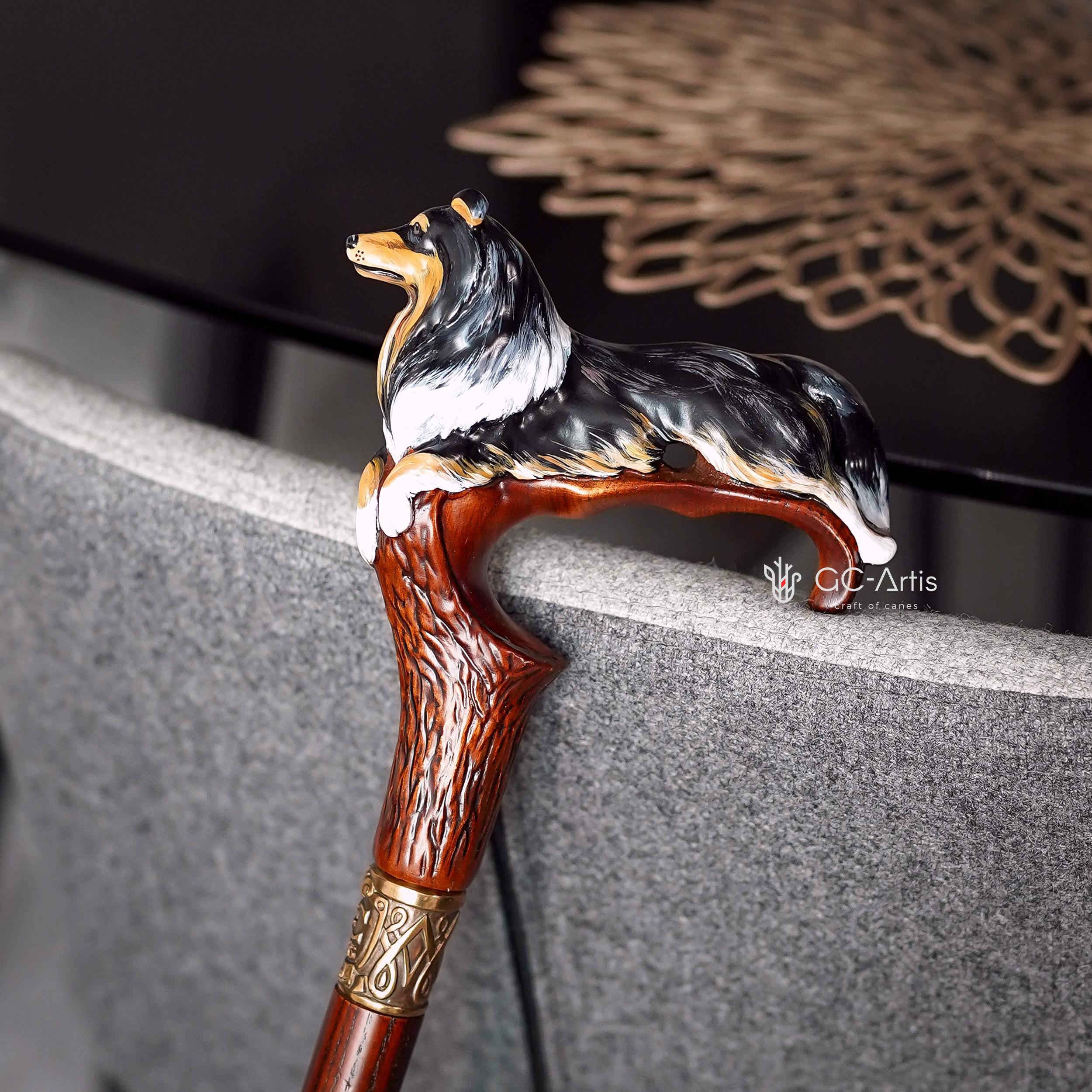 Hand painted Wooden Walking Stick Cane - Collie Dog - Tricolor Scotland shepherd Sheltie