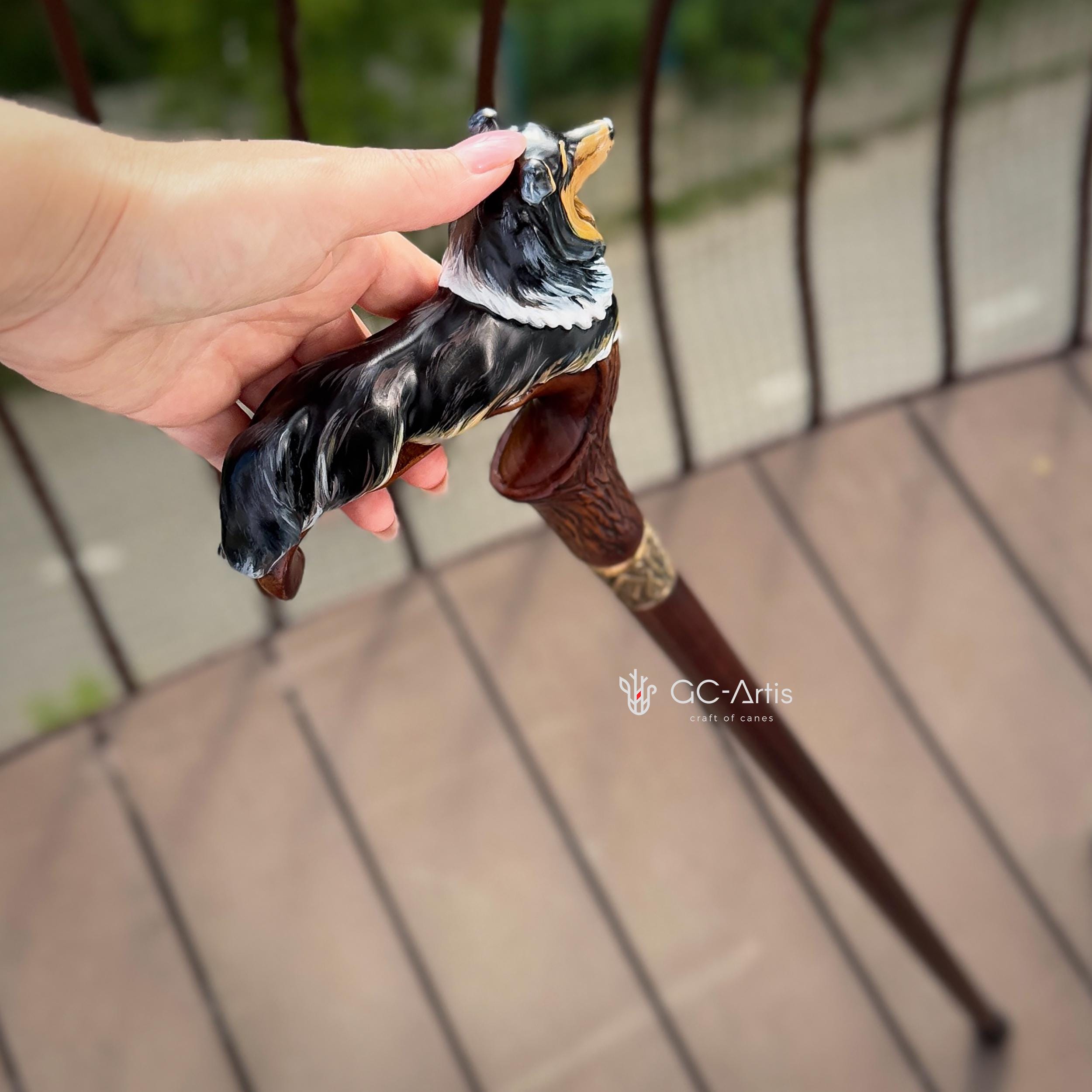 Hand painted Wooden Walking Stick Cane - Collie Dog - Tricolor Scotland shepherd Sheltie