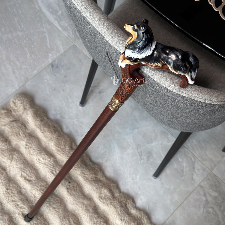 Hand painted Wooden Walking Stick Cane - Collie Dog - Tricolor Scotland shepherd Sheltie