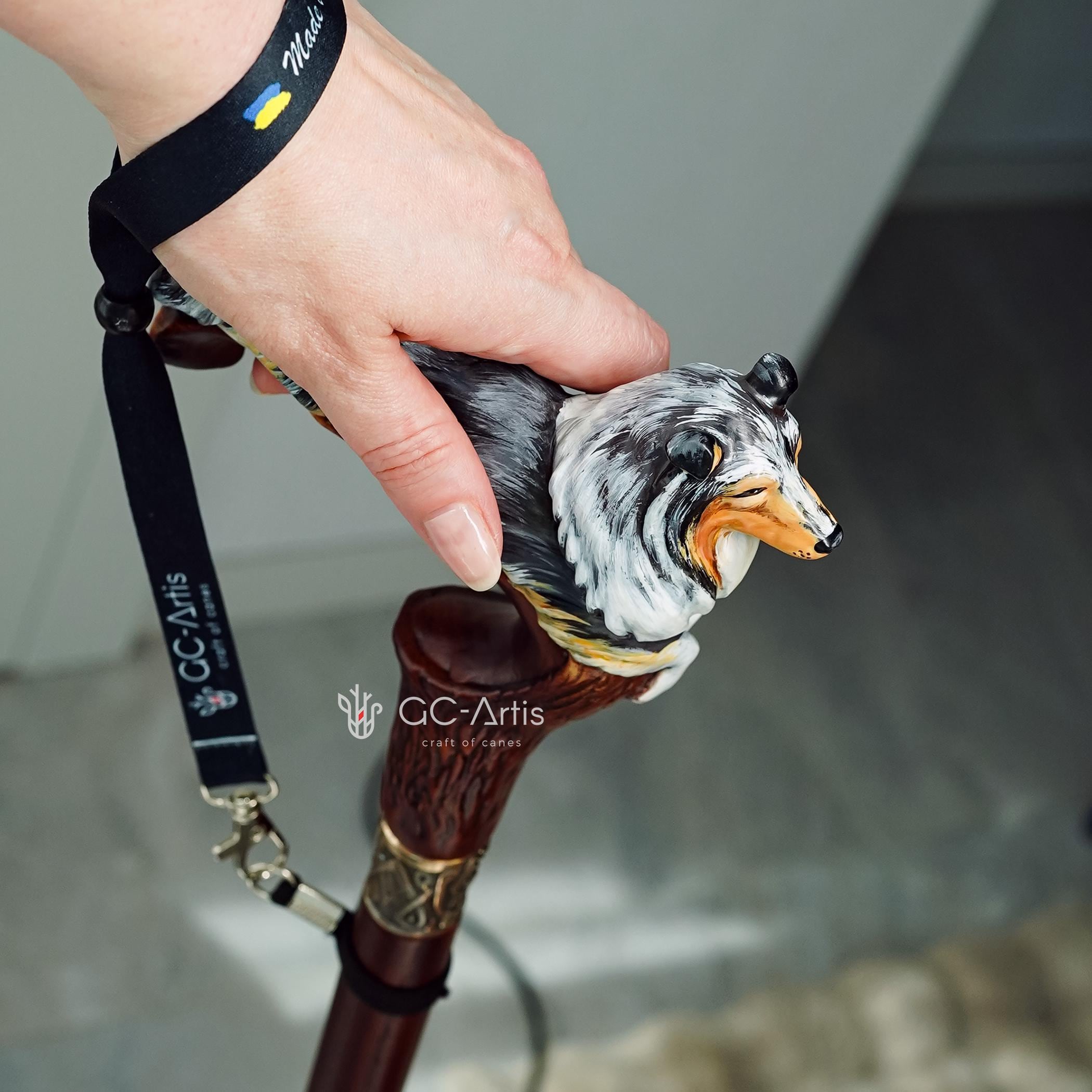 Hand-painted Wooden Walking Stick Cane - Collie Dog - Smoke Scotland shepherd Sheltie