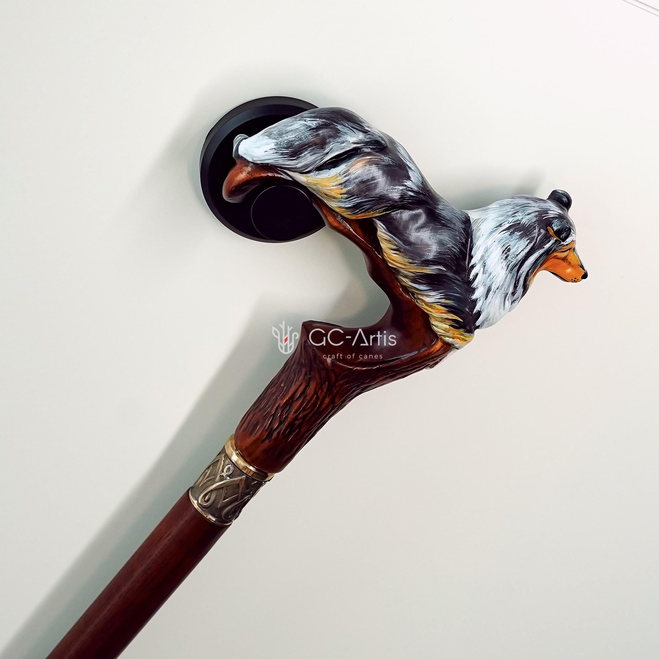 Hand-painted Wooden Walking Stick Cane - Collie Dog - Smoke Scotland shepherd Sheltie