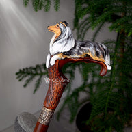 Hand-painted Wooden Walking Stick Cane - Collie Dog - Smoke Scotland shepherd Sheltie
