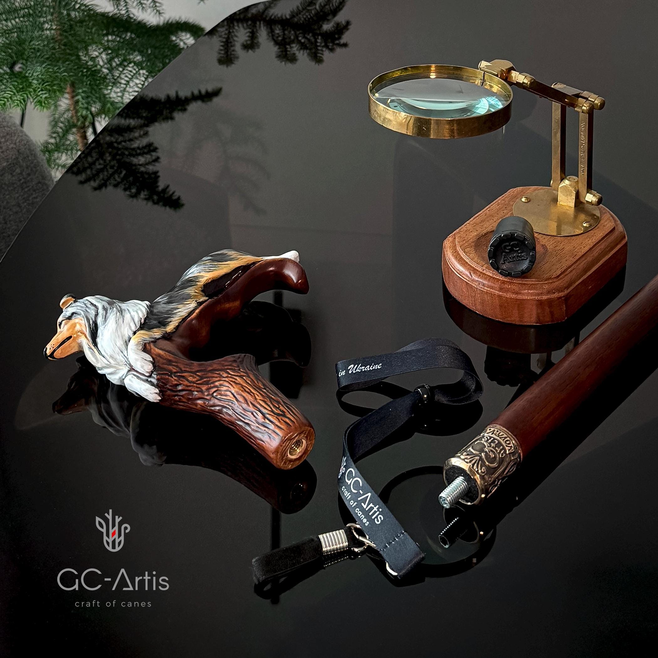 Hand-painted Wooden Walking Stick Cane - Collie Dog - Smoke Scotland shepherd Sheltie