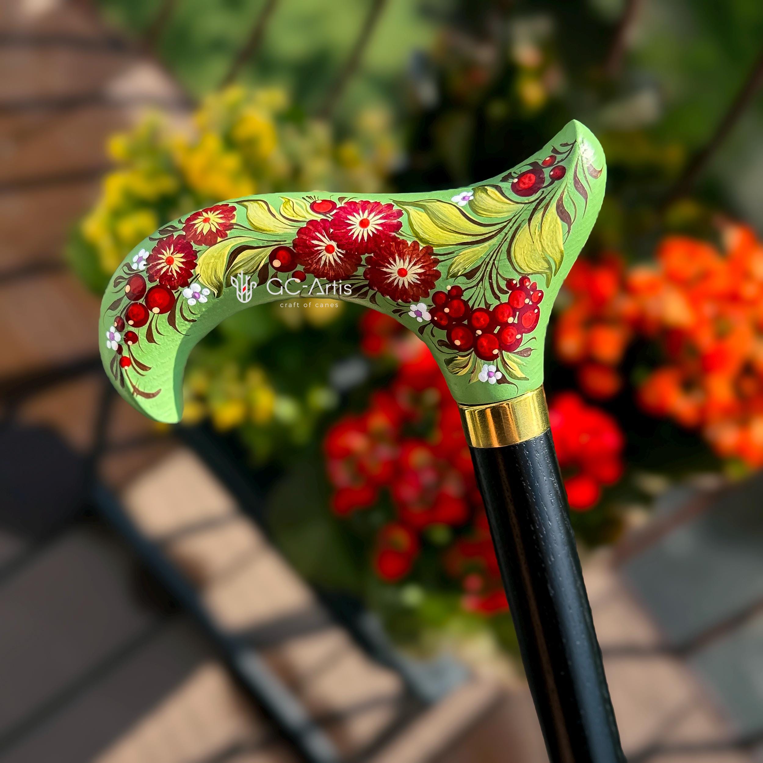 Elegant Hand-painted Walking Stick Cane with Guelder Rose - Green & Red decoration, black shaft, derby handle