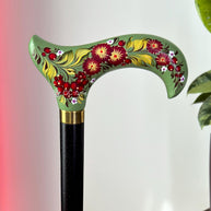 Elegant Hand-painted Walking Stick Cane with Guelder Rose - Green & Red decoration, black shaft, derby handle