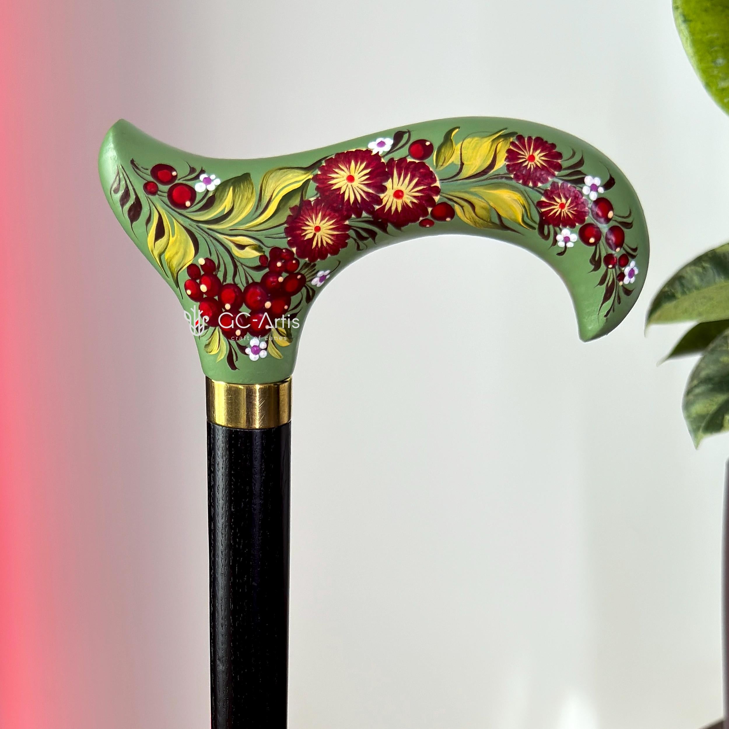 Elegant Hand-painted Walking Stick Cane with Guelder Rose - Green & Red decoration, black shaft, derby handle