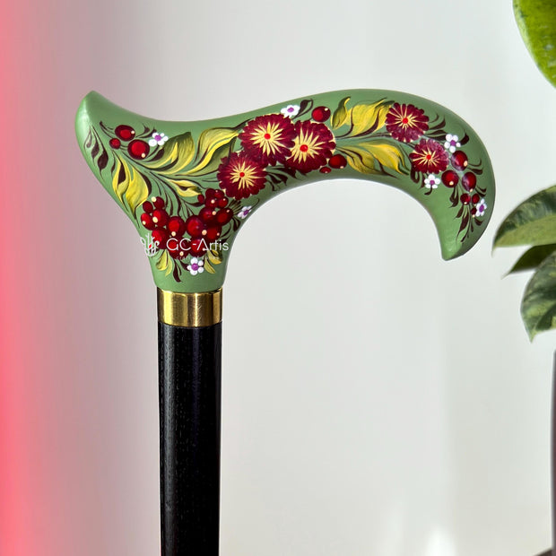 Elegant Hand-painted Walking Stick Cane with Guelder Rose - Green & Red decoration, black shaft, derby handle