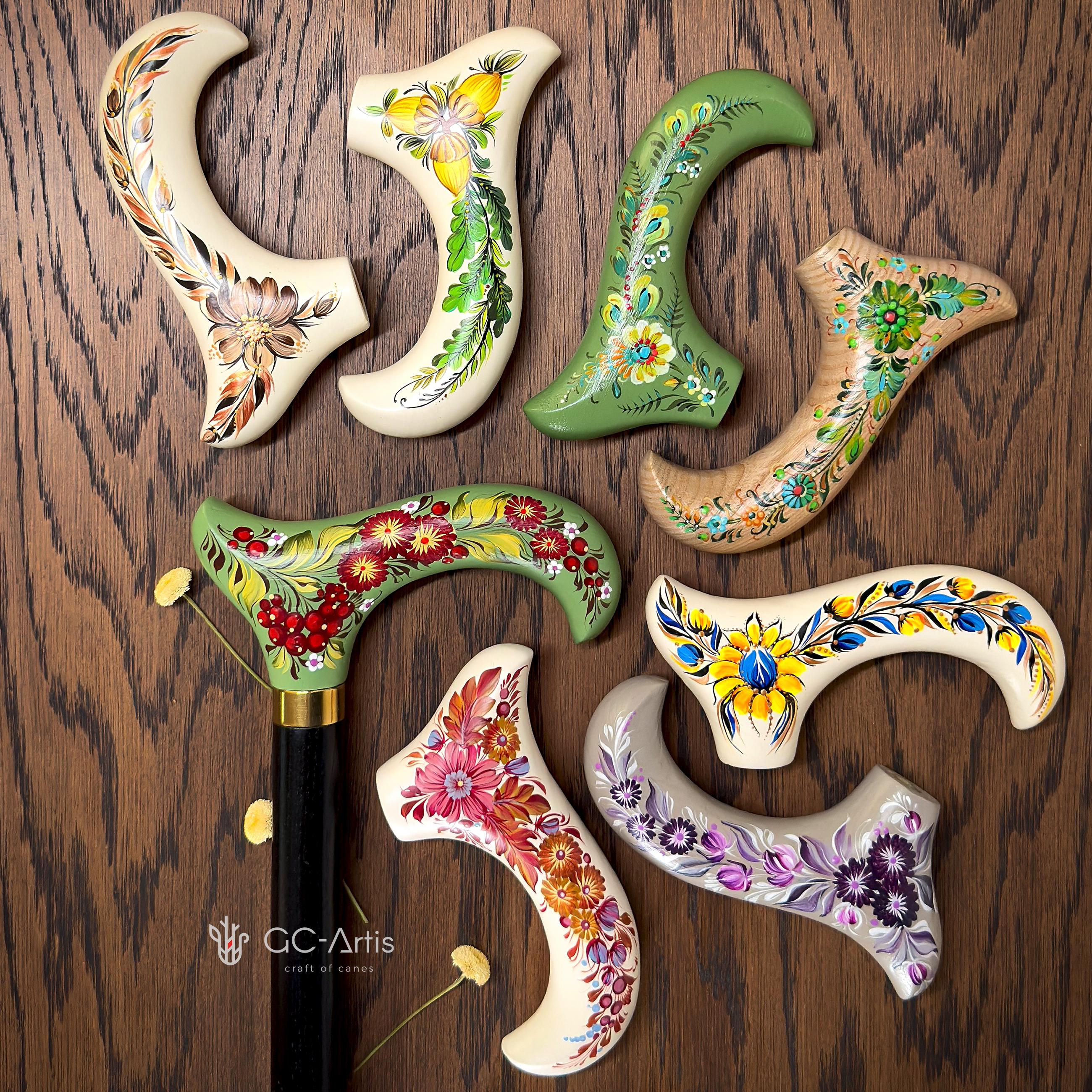 Elegant Hand-painted Walking Stick Cane with Guelder Rose - Green & Red decoration, black shaft, derby handle